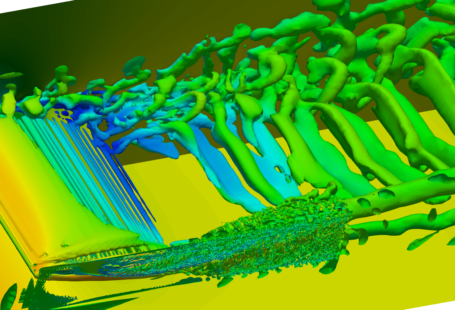 Cavitating foil with vortex field visualised with isosurfaces of the Q criterion of 10000. Wall coloured by pressure and vortices by velocity magnitude.